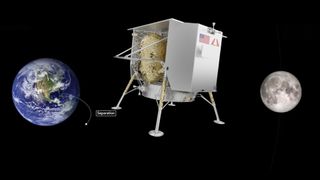 the earth, a cube-shaped spacecraft with four legs, and the moon