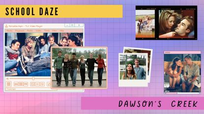 A compilation of stills from Dawson&#039;s Creek on nostalgic polaroid, camera film and PC video player templates on a purple and pink background