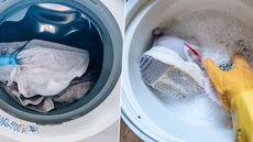 Learning how to wash sneakers is so useful. Here are two pictures of this - one with a washing machine with a laundry bag with a trainer in it and one with a white bucket with a purple trainer in soapy water