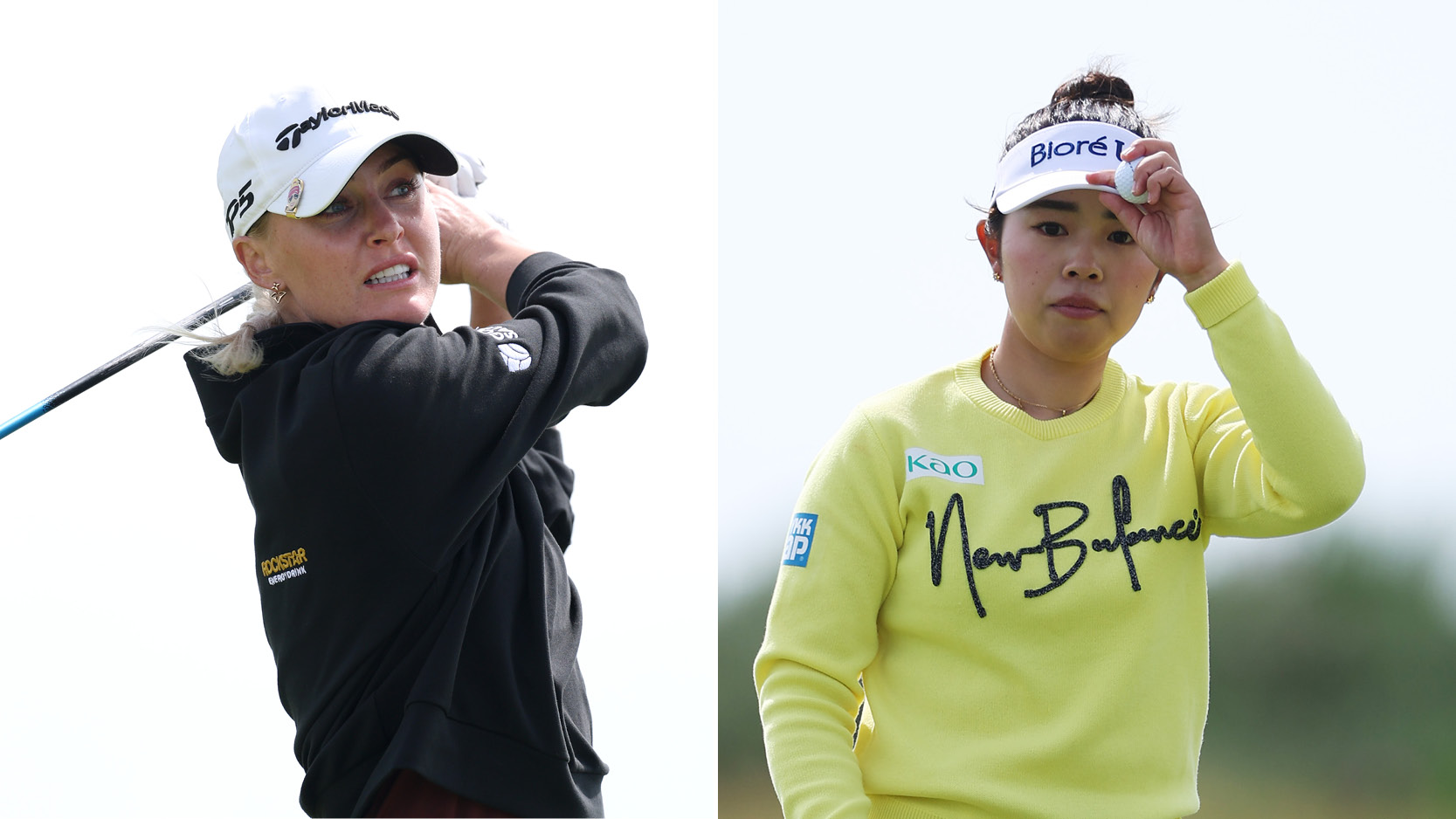 Charley Hull (left) hits driver at the 2025 AIG Women's Open and Miyu Yamashita (right) holds her cap at the 2025 AIG Women's Open