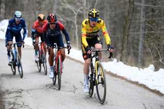 CARPEGNA ITALY MARCH 12 LR Richie Porte of Australia and Team INEOS Grenadiers and Jonas Vingegaard Rasmussen of Denmark and Team Jumbo Visma compete in the breakaway during the 57th TirrenoAdriatico 2022 Stage 6 a 215km stage from Apecchio to Carpegna 746m TirrenoAdriatico WorldTour on March 12 2022 in Carpegna Italy Photo by Tim de WaeleGetty Images