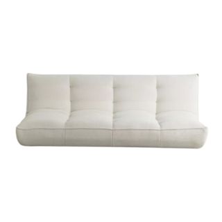 A cream hued sleeper sofa on a white background.