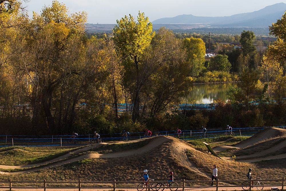 The lead group of riders under the autumn skies at the Valmont Bike Park in Boulder, Colorado