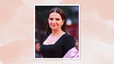 Juliette Binoche is pictured wearing a black dress at the "The Return" red carpet during the 19th Rome Film Festival at Auditorium Parco Della Musica on October 19, 2024 in Rome, Italy/ in a pink watercolour paint-style template