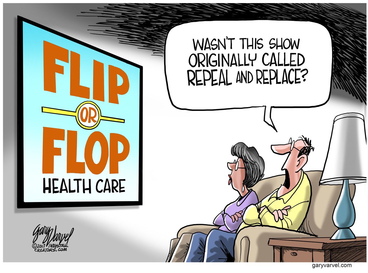 Political cartoon U.S. Trump healthcare reform repeal replace flip flop