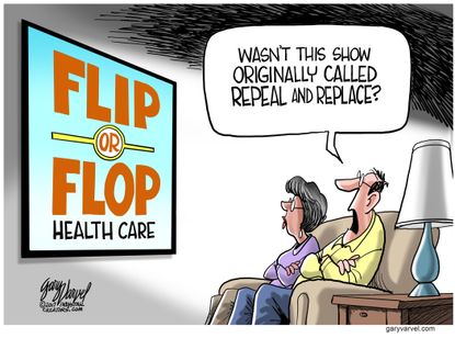 Political cartoon U.S. Trump healthcare reform repeal replace flip flop