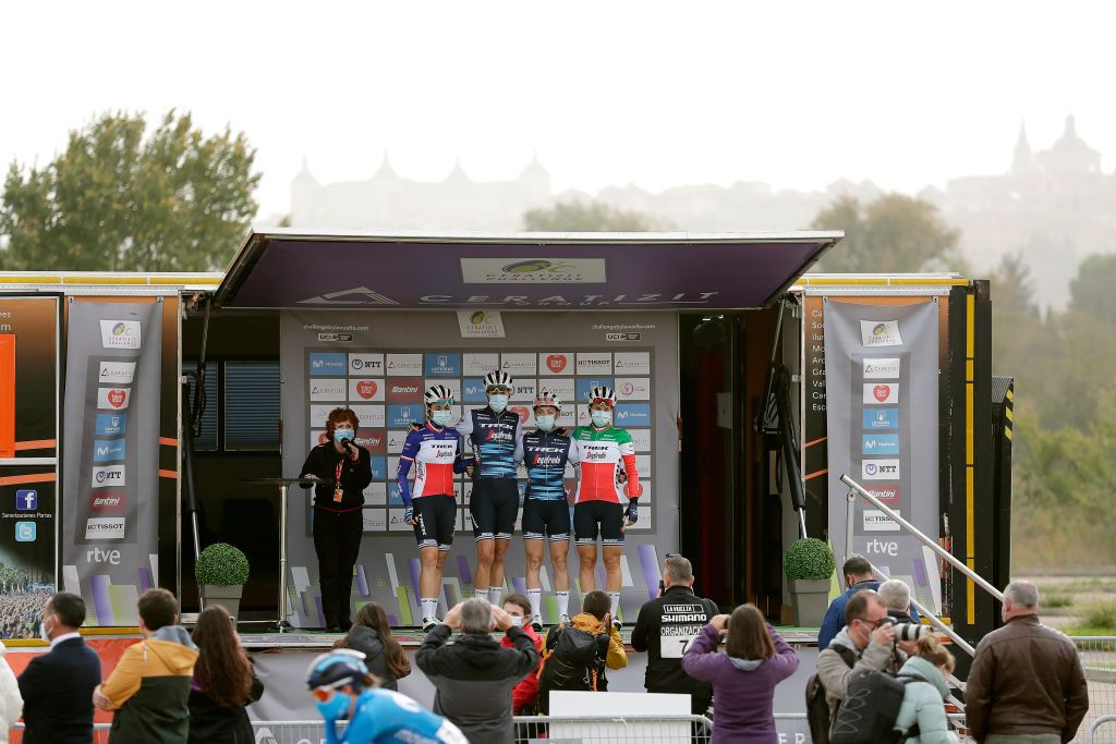 The four-rider Trek-Segafredo team on the start podium