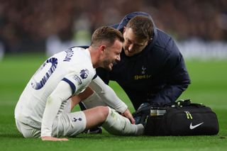 James Maddison of Tottenham Hotspur goes down with an injury during the Premier League match between Tottenham Hotspur and Chelsea FC at Tottenham Hotspur Stadium on November 06, 2023 in London, England.