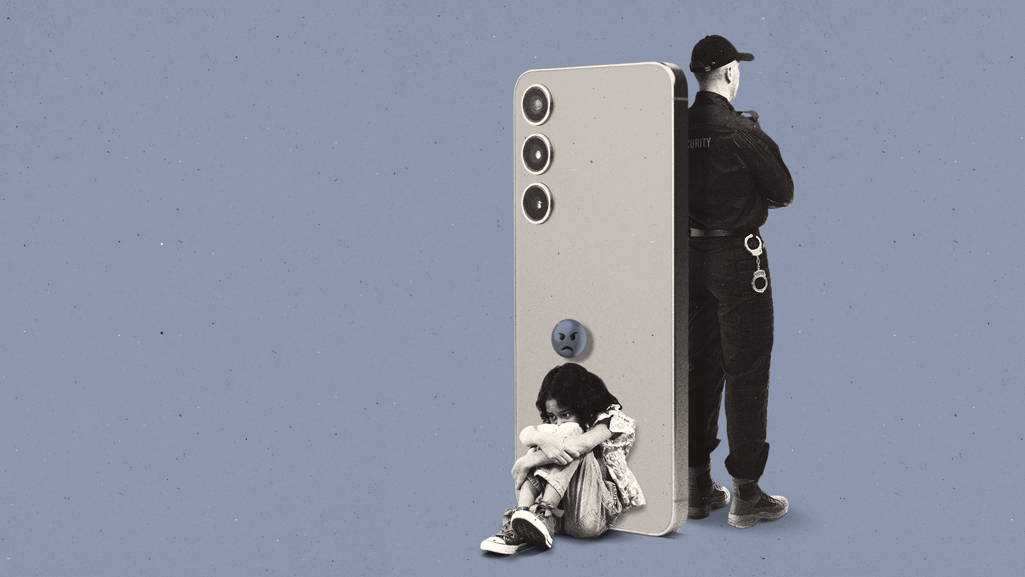 Photo composite illustration of a security guard standing in front of a smartphone screen, with a distraught kid sitting alongside