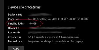 Windows 10 system page showing total RAM