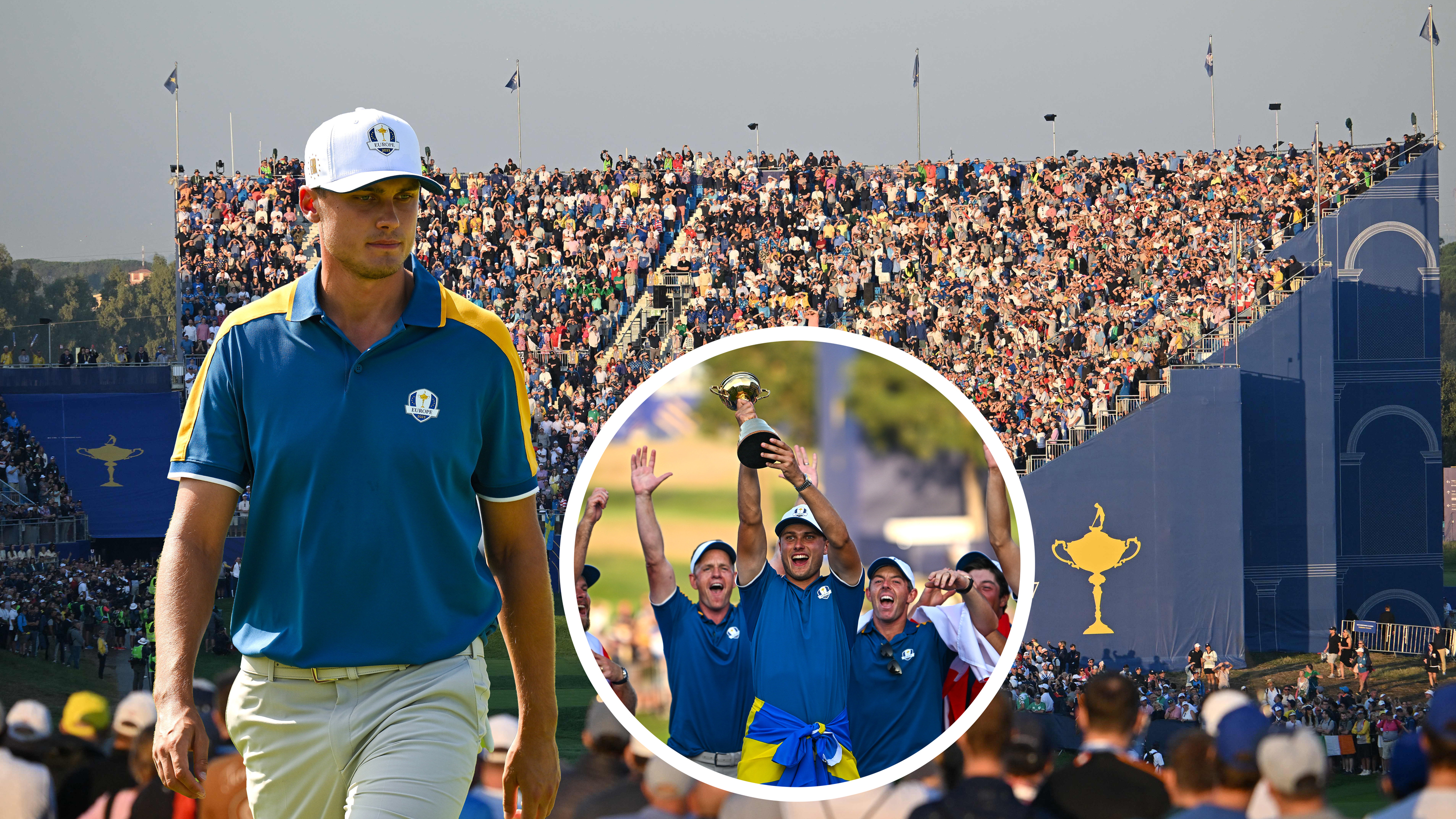 Ludvig Aberg in his European Ryder Cup team apparel, in front of the home crowd at the first tee in Rome during the 2023 Ryder Cup where Ludvig made his debut, and an inset image of Ludvig Aberg lifting the Ryder Cup after Team Europe&#039;s victory