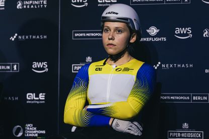 Alla Biletska sat cross-armed at the UCI Track Champions League in Berlin in 2023