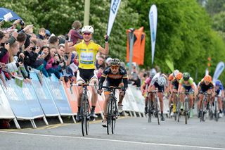 Women’s Tour race leader, and eventual overall winner, Marianne Vos sprints to victory ahead of Georgina Bronzini on stage four to Welwyn Garden City.
