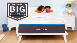 Couple in bed on a nectar mattress with Big Savings flag overlaid