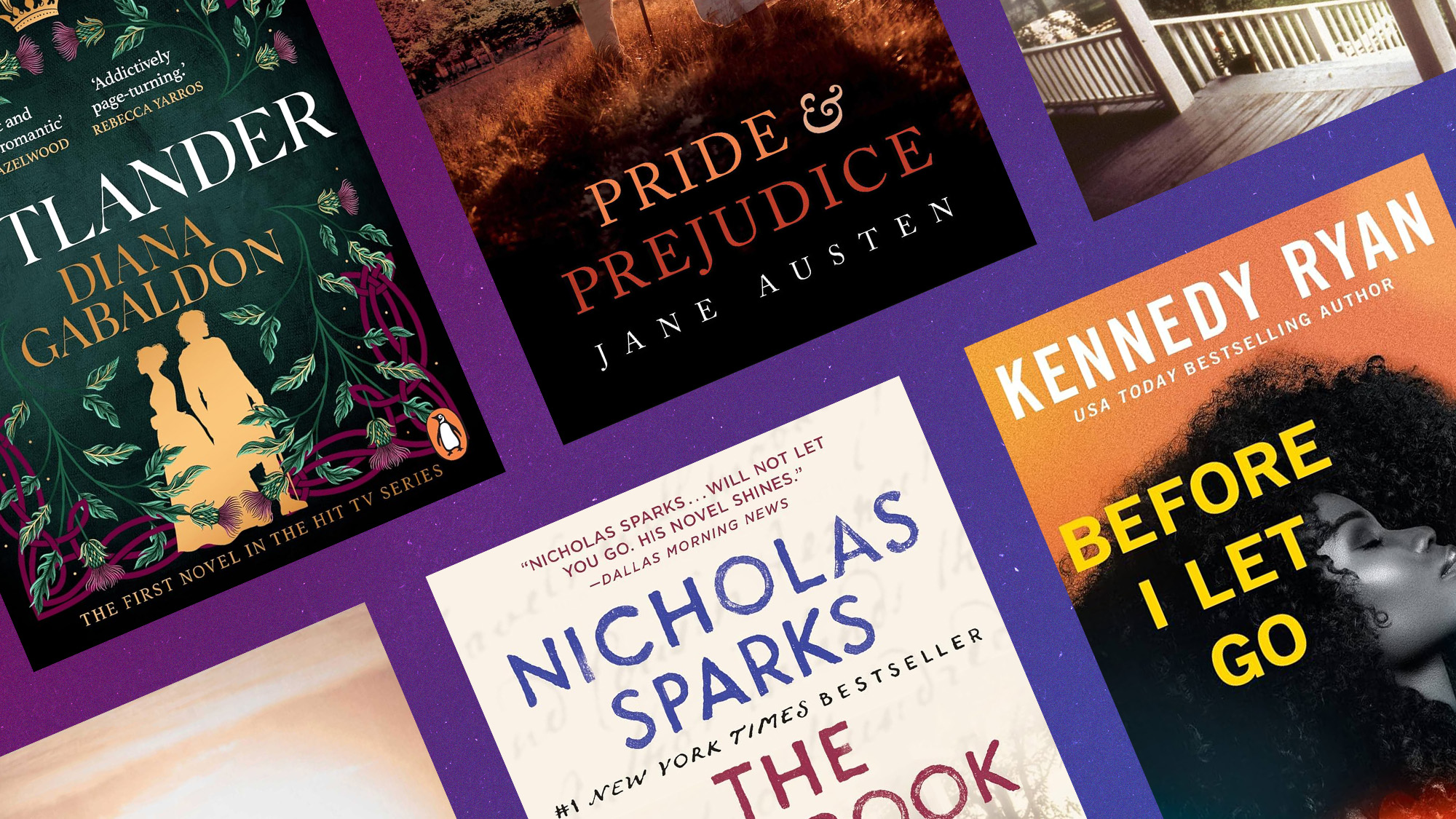 Book covers of 'The Notebook' by Nicholas Sparks, 'Outlander' by Diana Gabaldon, 'Before I Let Go' by Kennedy Ryan, and 'Pride and Prejudice' by Jane Austen