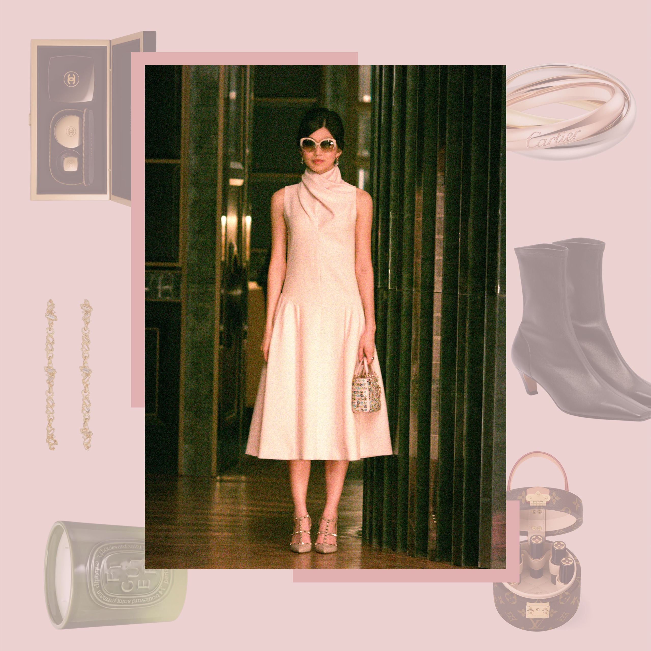 image of Gemma Chan in Crazy Rich Asians with gift guide products around it