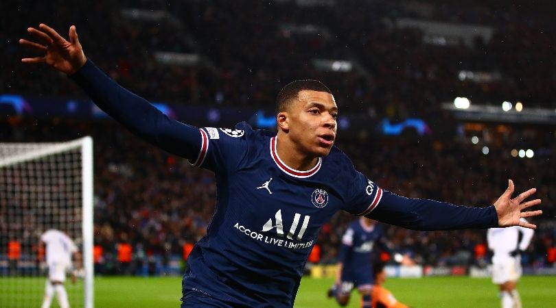 Kylian Mbappe celebrates a goal for PSG against Real Madrid.