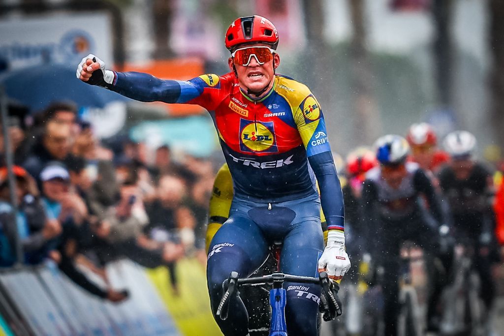 Danish Mads Pedersen of Lidl-Trek celebrates as he crosses the finish line to win stage six of the 83th edition of the Paris-Nice cycling race, 209,8 km from Saint-Julien-en-Saint-Alban to Berre l'Etang, France, Friday 14 March 2025. BELGA PHOTO DAVID PINTENS (Photo by DAVID PINTENS / BELGA MAG / Belga via AFP)
