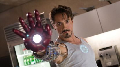 Tony Stark tests out his hand canon in the original Iron Man.