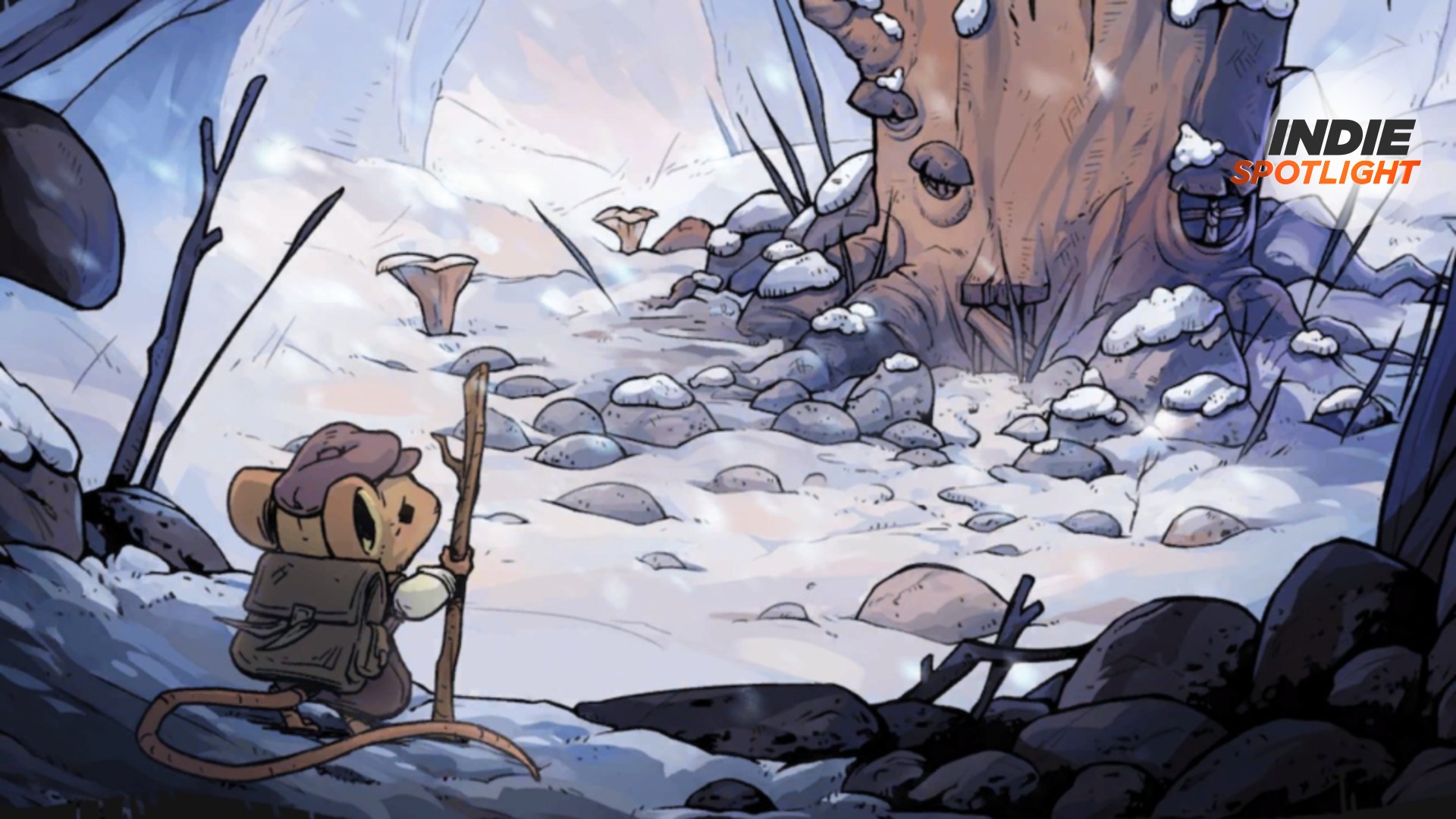 Winter Burrow artwork showing the protagonist mouse looking out over a snowy landscape towards the burrow. The GamesRadar+ Indie Spotlight logo is in the top right-hand corner of the image