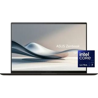 A curved, metallic object flows across a laptop screen, with the Asus Zenbook and Intel Core logos displayed to its right.