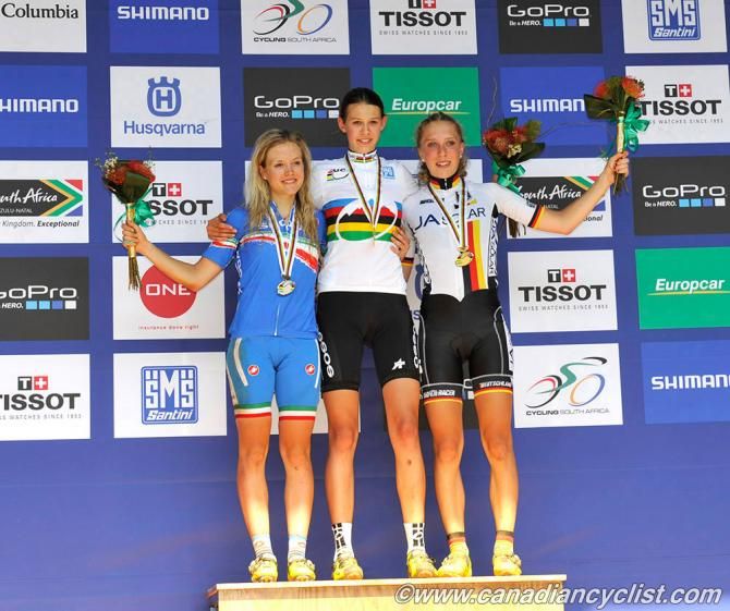 Junior women's cross country world championship podium: Emilie Collomb (Italy), Alessandra Keller (Switzerland), Sarah Bauer (Germany)
