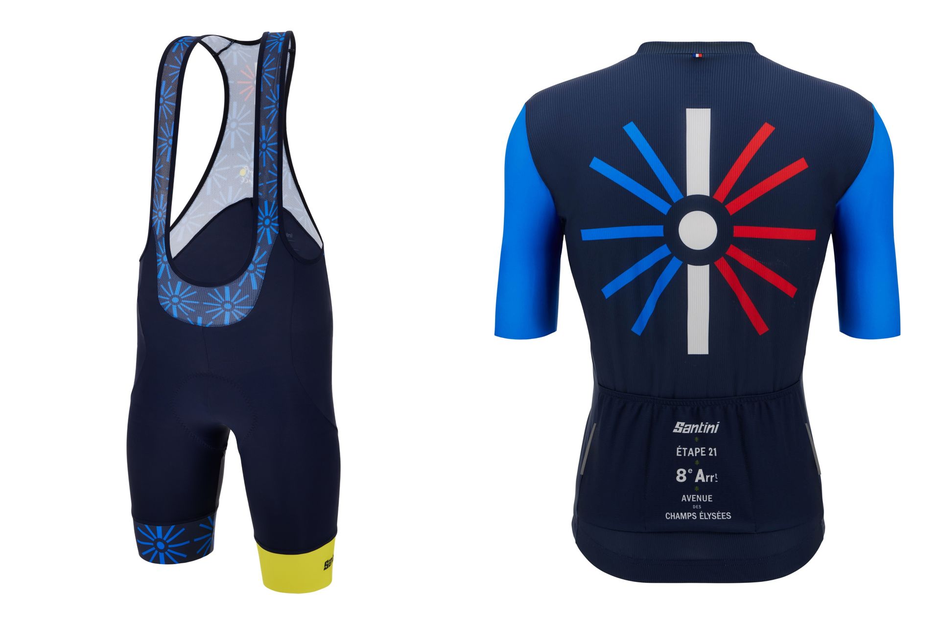 L'ensemble Santini 2023 Tour de France comprend ce maillot et ce dossard célébrant la dernière étape à Paris