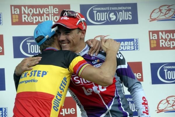 Boonen congratulates Gilbert on his win.