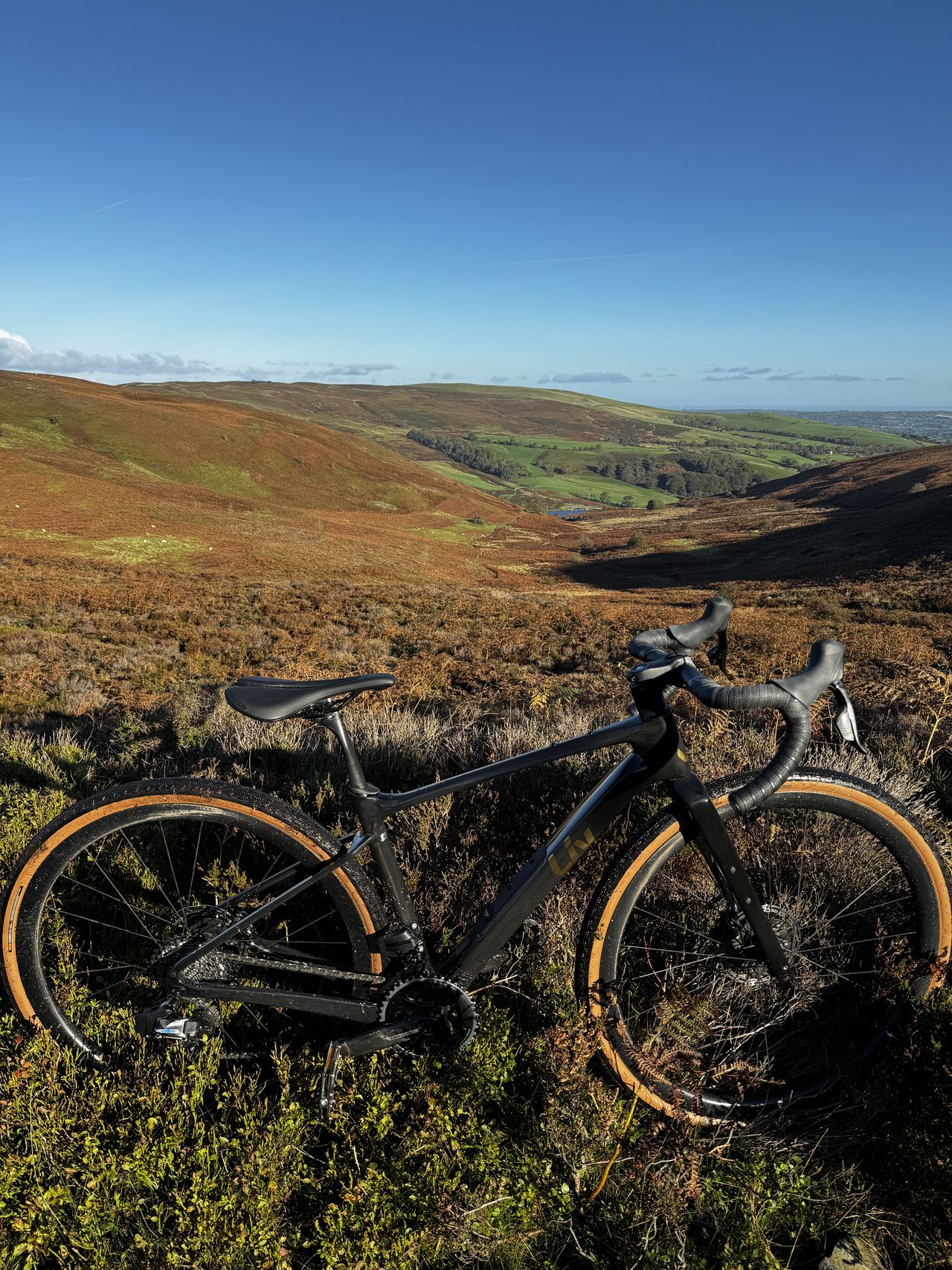The Liv Devote in the sunshine against a stone wall looking over a small welsh valley bathed in orange autumnal light