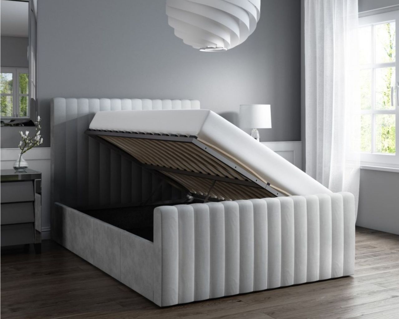 Furniture123 Khloe Double Side Ottoman Bed in Silver Grey Velvet lifted up storage side