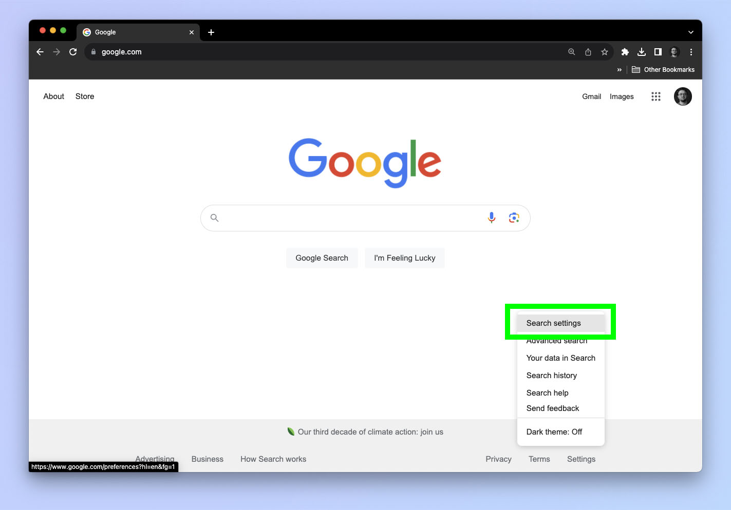 لقطة شاشة توضح كيفية تغيير منطقة البحث على بحث Google