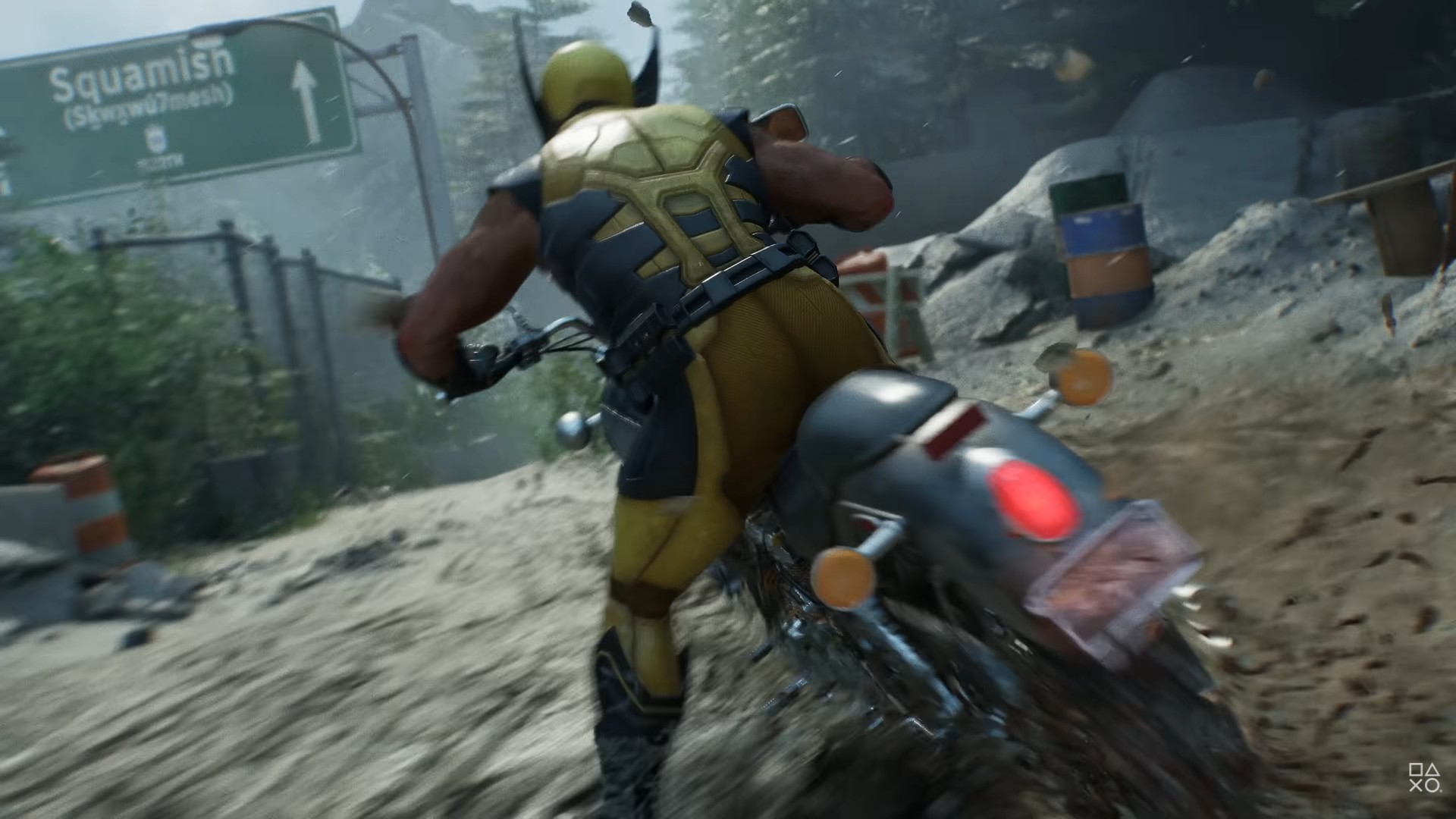 Wolverine is on a motorcycle during a chase sequence from the Marvel's Wolverine trailer, he puts down his leg to steady himself on a turn