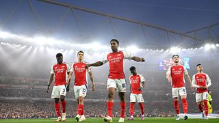 Myles Lewis-Skelly of Arsenal takes position on the pitch ahead of kick-off prior to the UEFA Champions League 2024/25 Quarter Final First Leg match in 2025