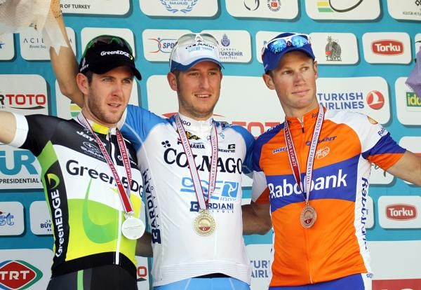 The stage 6 podium: Matt Goss, Sacha Modolo and Mark Renshaw