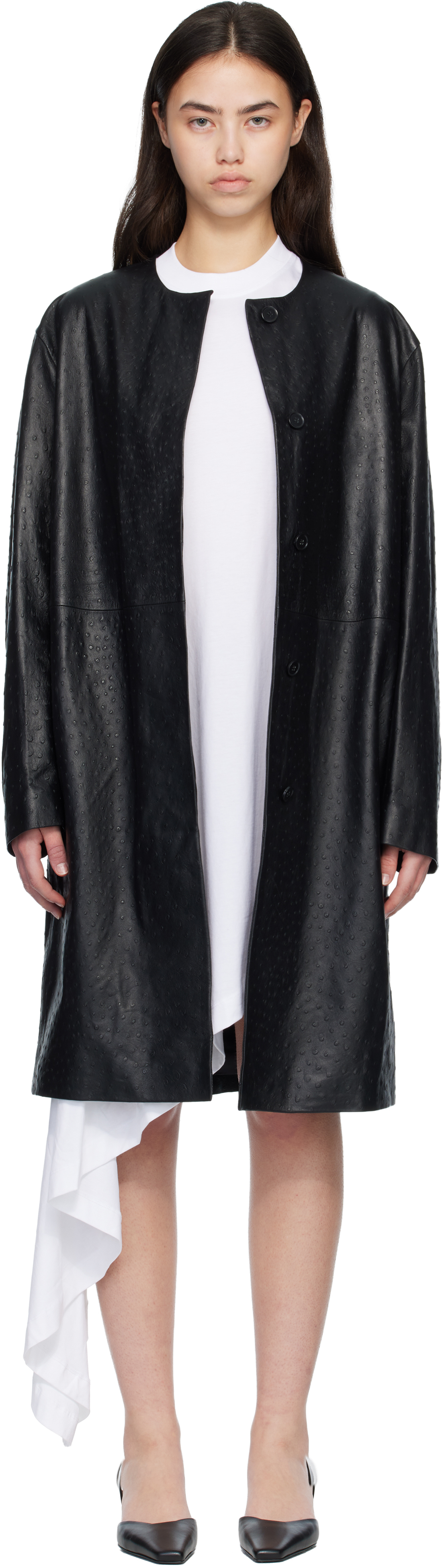 Black Yari Ostrich-Effect Leather Coat