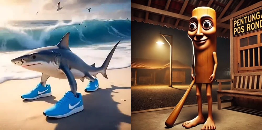 Tralalero Tralala, an AI-generated shark standing on three legs in blue Nike trainers on a beach, and Tung Tung Tung Sahur, a wooden figure with human legs holding a bat 