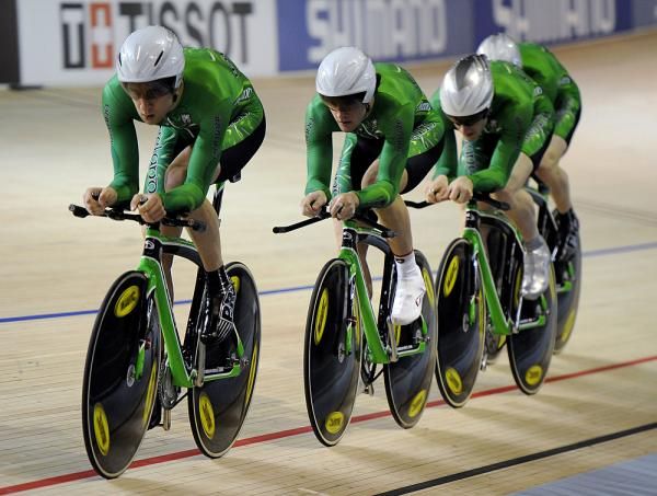 The Irish team pursuiters were a vision in green.