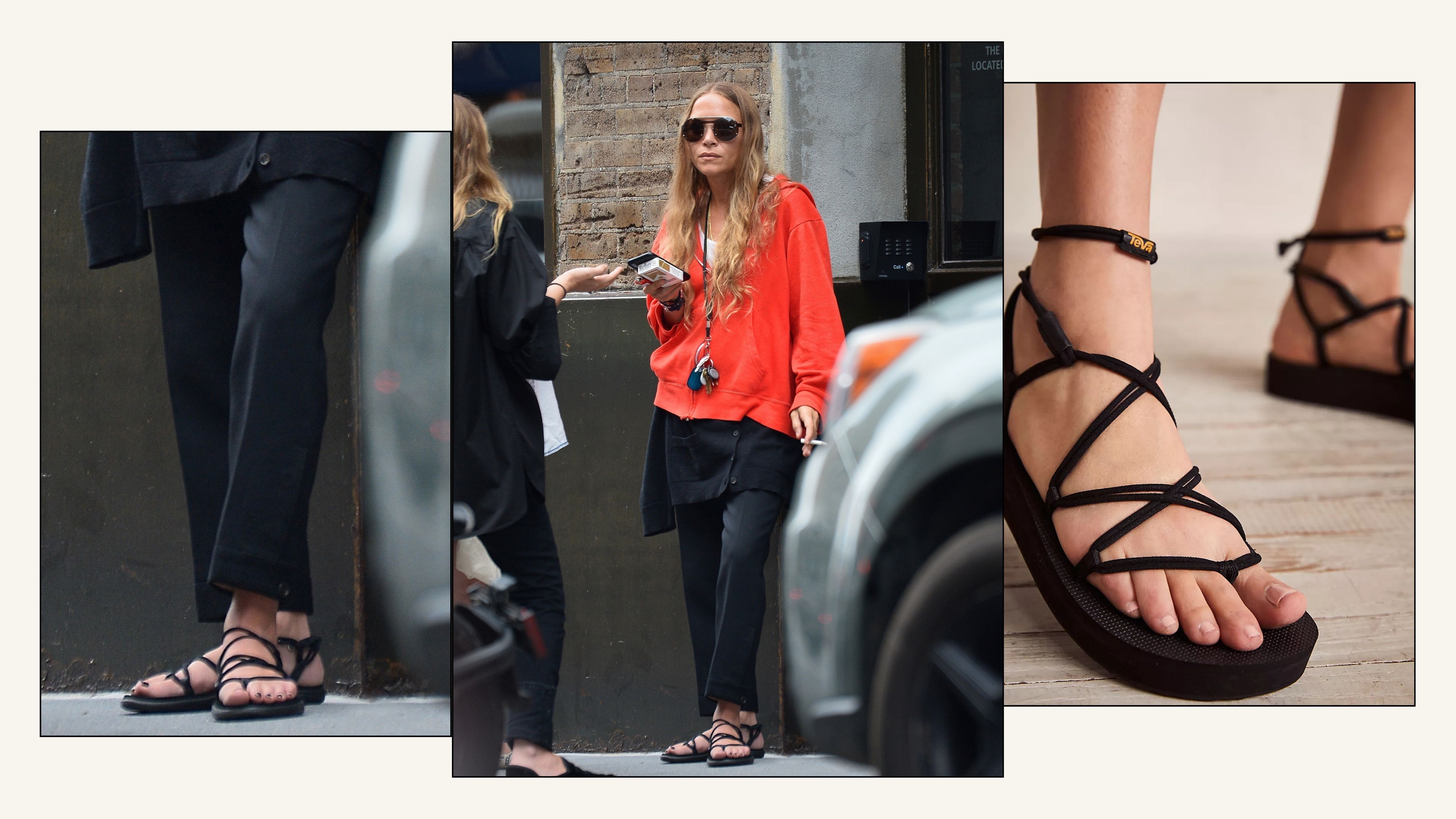 Mary-Kate Olsen wears black Teva Sandals with an orange hoodie