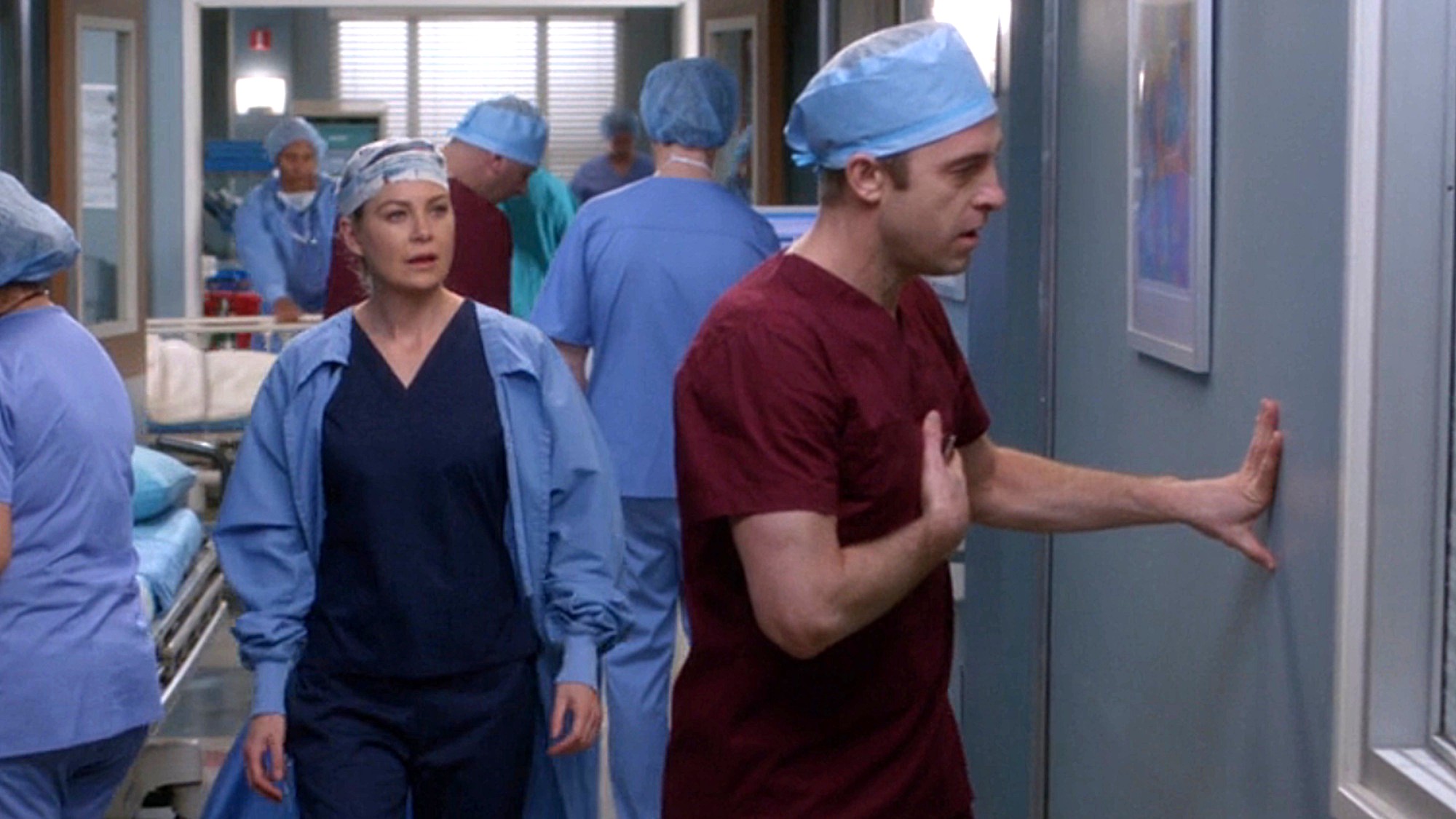 Meredith Grey (Ellen Pompeo) sees Nick Marsh (Scott Speedman) for the first time experiencing a medical emergency in Grey's Anatomy Season 14's &amp;quot;One Day Like This.&amp;quot;