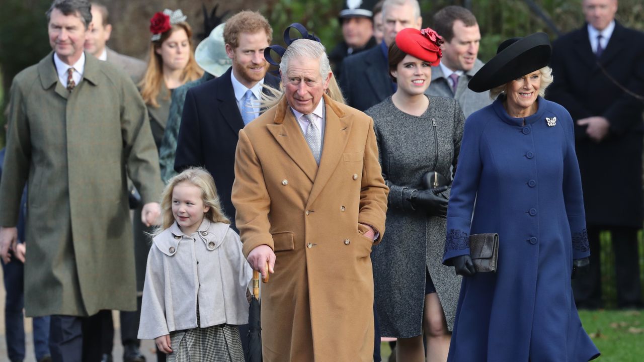 King Charles, Queen Camilla, Princess Eugenie, Peter Philips, Princess Beatrice wearing coats walking to church on Christmas