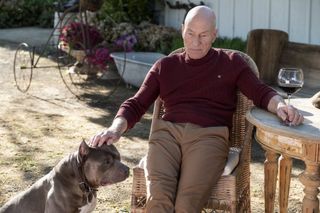 Sir Patrick Stewart as Jean-Luc Picard (and his dog, No. 1) in "Star Trek: Picard" Episode 1: Remembrance.