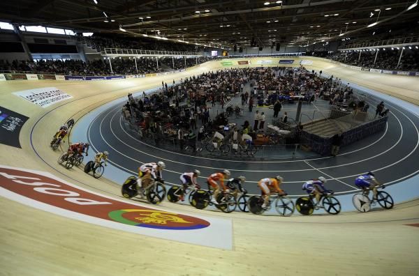 An overview of the Copenhagen, Denmark velodrome where the 2010 UCI Track World Championships are being held.