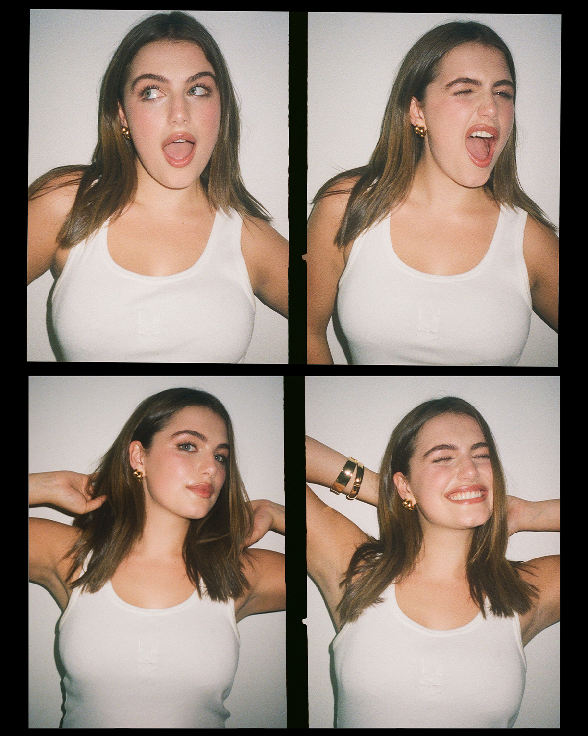 Ella Bright photographed by Zackery Michael for Who What Wear. The grid of images features Bright making different faces wearing a white tank top and gold bracelets.