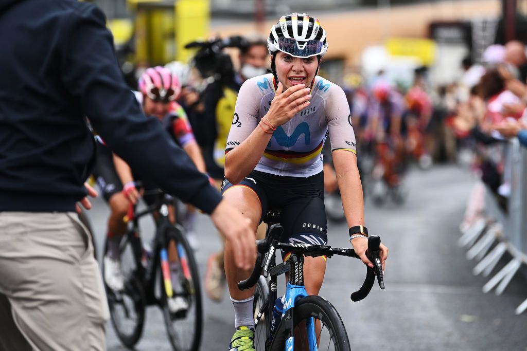 MAURIAC FRANCE JULY 24 Stage winner Liane Lippert of Germany and Movistar Team reacts after the 2nd Tour de France Femmes 2023 Stage 2 a 1517km stage from ClermontFerrand to Mauriac UCIWWT on July 24 2023 in Mauriac France Photo by Tim de WaeleGetty Images