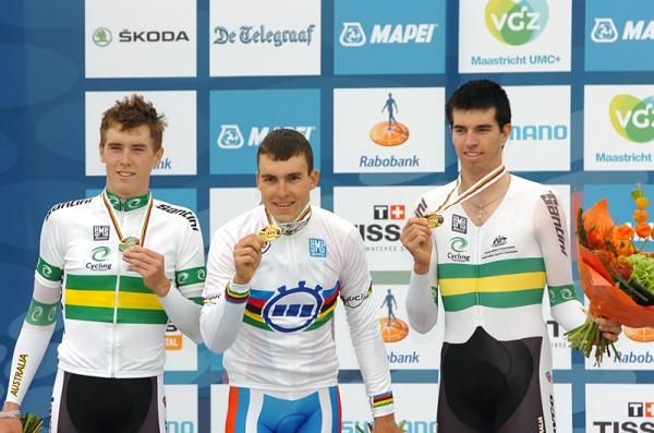 2012 U23 time trial podium (L-R): Rohan Dennis (Australia), Anton Vorobyev (Russian Federation) and Damien Howson (Australia)