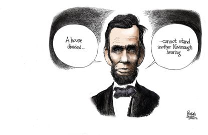 Political cartoon U.S. Abraham Lincoln a house divided cannot stand Brett Kavanaugh hearings