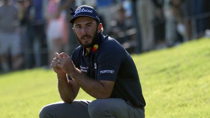 Max Homa reacts after nearly holing a chip shot at the Genesis Invitational