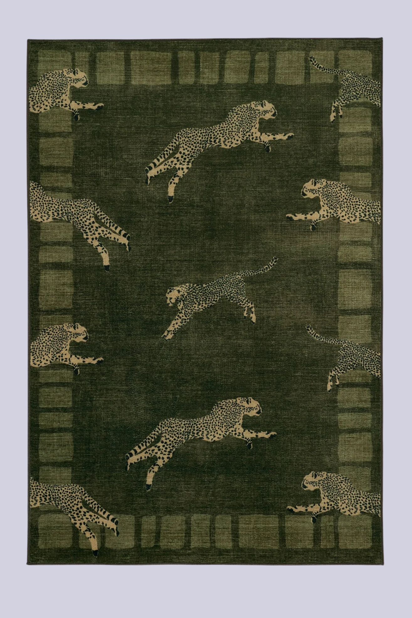 A dark green rug with leaping cheetahs