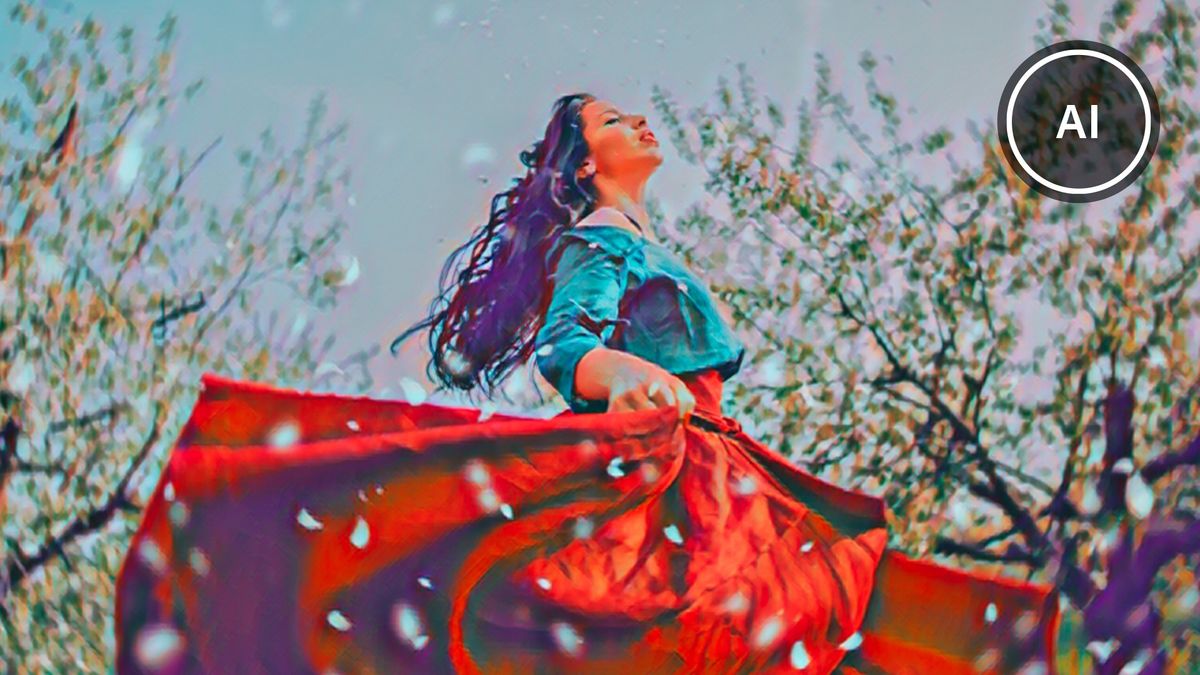 Woman running through snow in large red skirt