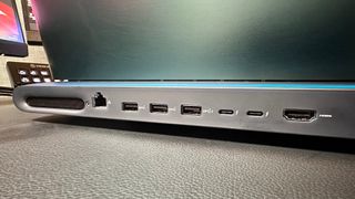 A close-up photo of the rear IO ports of the Alienware 18 Area-51 gaming laptop